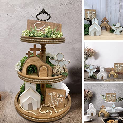 Easter Tiered Tray Decor He is Risen Resurrection Scene Jesus Tomb Nativity Christ Statue Easter Decorations Religious Wooden Signs He is Risen Tiered Tray Decor Faith Spring Holidays Farmhouse Decor