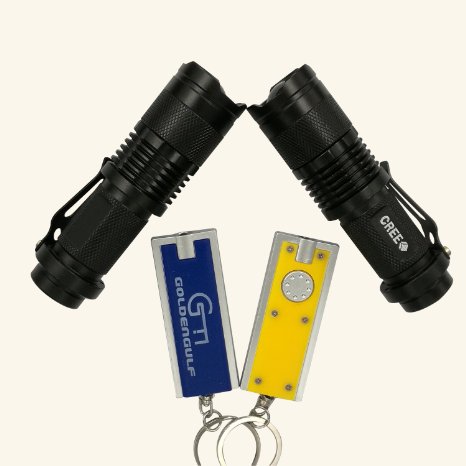 Authentic Cree 7W 300LM(2pcs) Three Mode Adjustable Focus LED Flashlight Torch And 2pcs LED Keychain Light Lamp With Plastic Gift Box Package-Christmas Day Gift