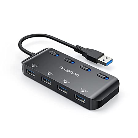 AROPANA USB 3.1 Gen 1 /USB 3.0 High Speed 5Gbps Hub for Laptop 4 Port Portable Adapter with Cable with Individual Power ON/Off Switch and Individual Blue LED Indicators Multi-Port