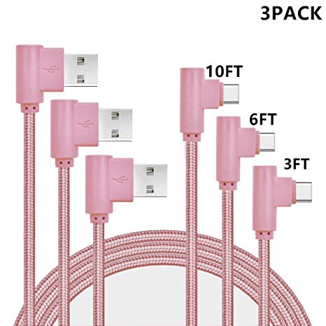 USB Type C Cable, CTREEY 90 Degree 3 Pack 3ft 6ft 10ft Nylon Braided Long Cord USB Type A to C Charger for Macbook, LG G6 V20 G5,Google Pixel, Nexus 6P, Nintendo Switch, Samsung Galaxy S8  (Rose Gold)
