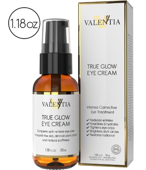 Valentia True Glow Eye Cream - Natural and Organic Ingredients - Corrective Eye Treatment with Vitamin C Astaxanthin and Organic Rosehip Oil - 118 Oz