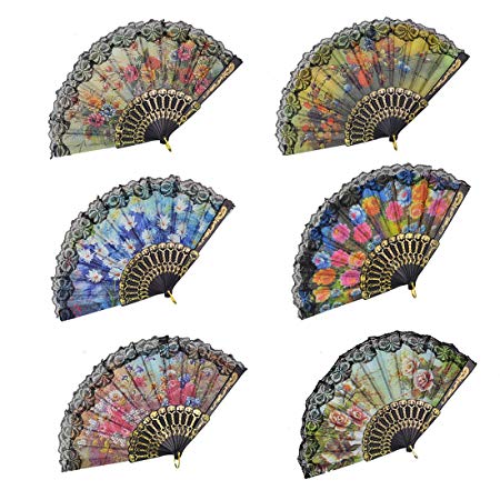 Windspeed Spanish Women Floral Folding Hand Fan Size 9" Pack of 10 Pieces Random Color