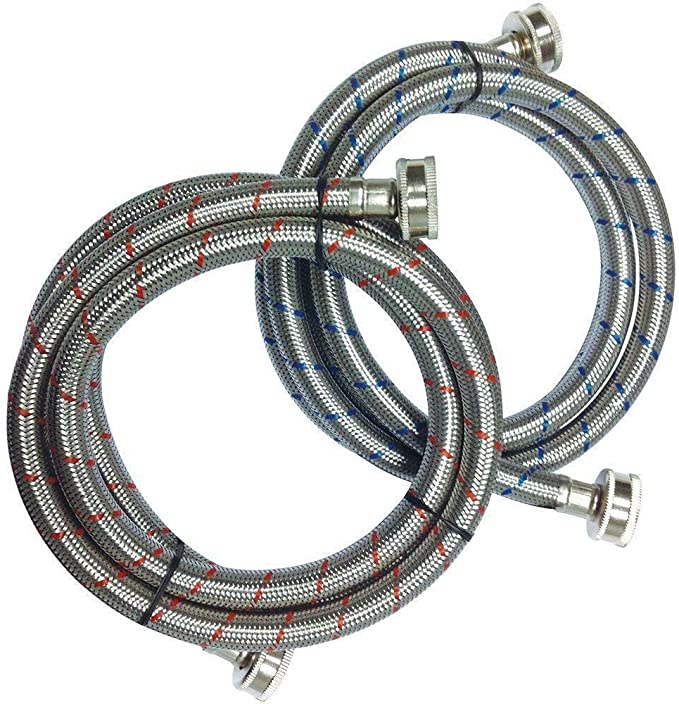 Drainx 12 FT Braided Stainless Steel Washing Machine Hoses, Red/Blue, 2 Pack