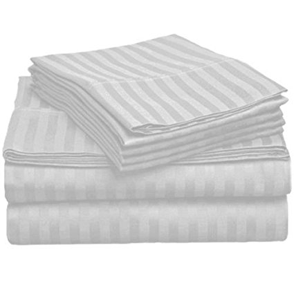 Just Linen 300 Thread Count 100% Cotton Sateen, Striped White, Queen Large Bedding Sheet Set with 18 Inches Deep Pocketed Fitted Sheets