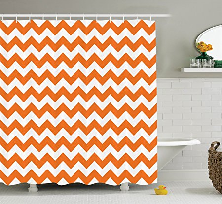 Chevron Shower Curtain Decor by Ambeosnne, Pumpkin Color Chevron Traditional Holidays Autumn Celebrate Image Pattern, Polyester Fabric Bathroom Shower Curtain Set with Hooks, Orange White