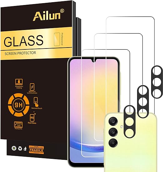 Ailun 3 Pack Glass Screen Protector for Galaxy A25 5G[6.5 inch]   3 Pack Camera Lens Protector, 0.33mm Ultra Clear Anti-Scratch Case Friendly