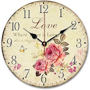 12 inch Wall Clock Silent Non Ticking Vintage Large Decorative Wooden Retro Wall Clocks for Living Room Kitchen Kids Room (Sweet Rose Sing for Love Style)