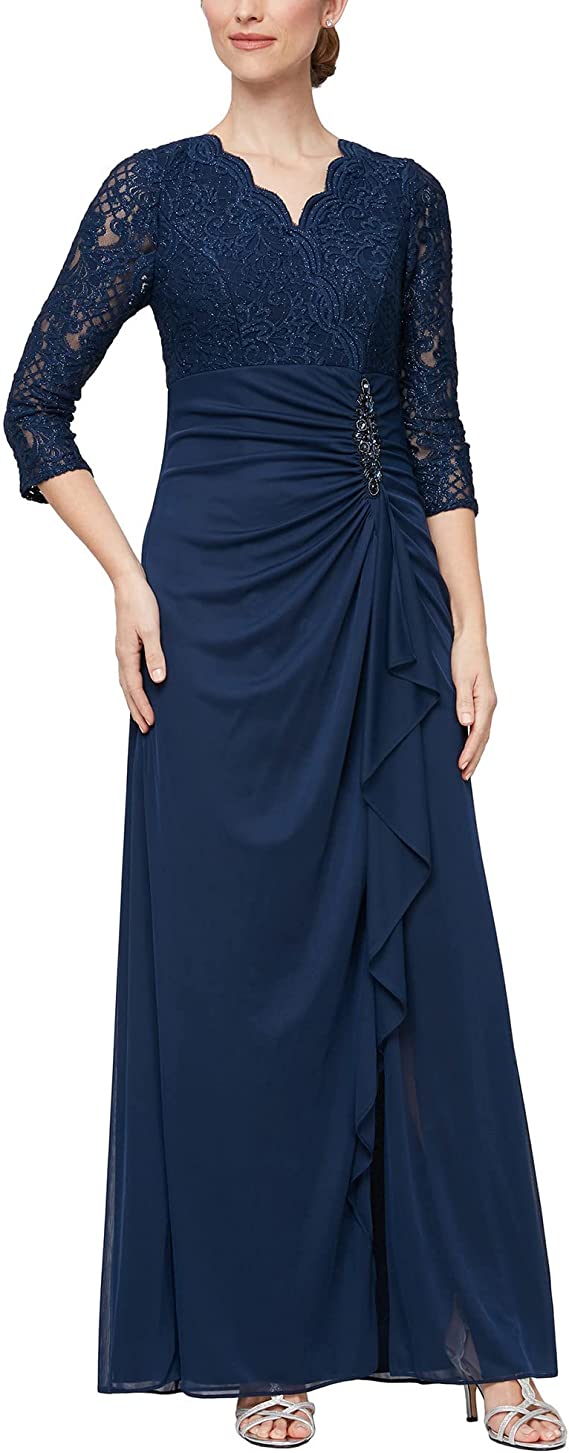 Alex Evenings Women's Petite Long Lace Top Empire Waist Dress