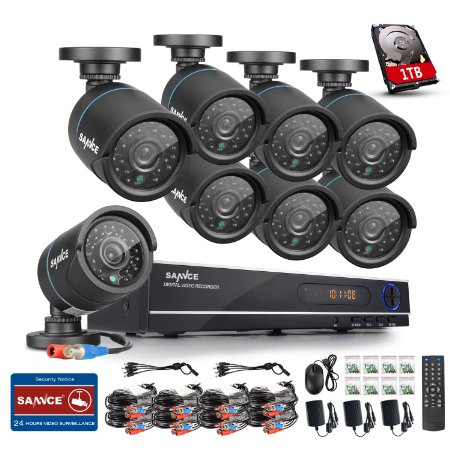 NEW AHD-720P Sannce 8CH AHD 720P DVR 1080P NVR Security Camera System and 1TB Hard Drive  8HD 1280x720 Outdoor CCTV Bullet Cameras10 Mega-Pixels P2P Technology Motion Detection and Alarm Push IP66 Weather-Proof Metal Housing