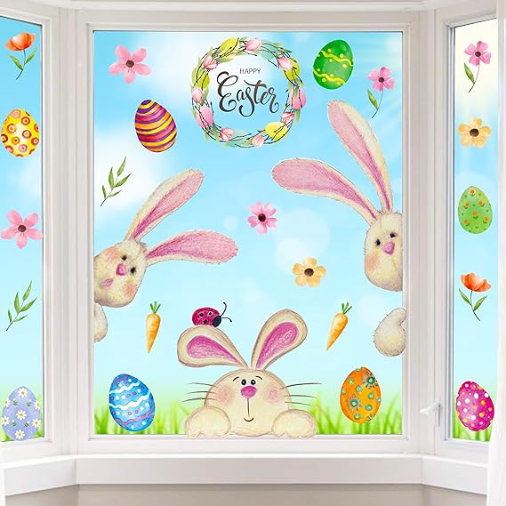 Easter Window Clings Decorations for Glass Window Stickers Decal Door Stickers Easter Decorations, Large Bunny Stickers with Eggs Decals for Easter Spring Door Wall Window Decorations