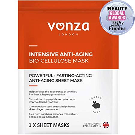 Sheet Masks, Anti aging Face Sheet Mask Pack (3 Face Masks) by Vonza - Anti-aging Bio-cellulose Sheet Masks Better Than Korean Face Mask Sheets, Vegan, Cruelty-Free | Formulated in UK