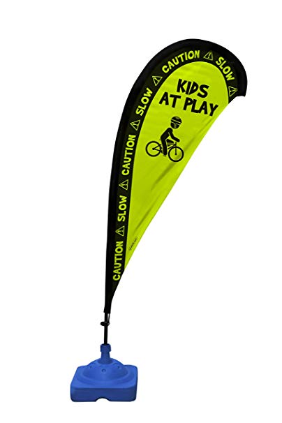 Kids Playing Extra Large 6.4 Foot Teardrop Banner Flag Safety Sign with Fiberglass Poles and Weighted Base for Yards and Driveways -"Caution, Slow, Kids at Play"