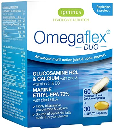 Omegaflex Duo Glucosamine, Algae Calcium & High Strength Omega-3 Fish Oil for Joints & Bones, 60   30 Capsules