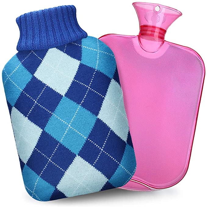 Hot Water Bottle with Cover, QIBOX Classic Rubber Hot Water Bag PVC Hot Water Bottle with Knit Cover, Great for Pain Relief, Hot & Cold Therapy, Gift for Girls Babies Christmas