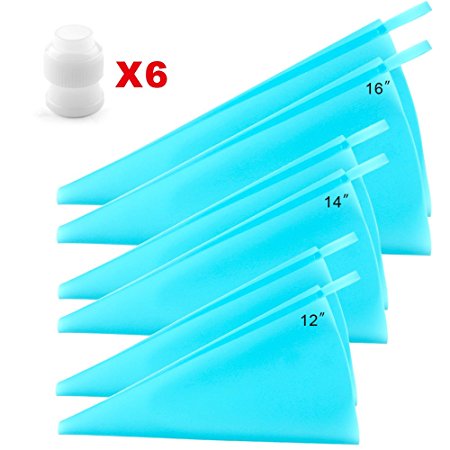 Silicone Pastry Bags, Weetiee 3 Sizes Reusable Icing Piping Bags Baking Cookie Cake Decorating Bags (12’’ 14’’ 16’’)- 6 Pack - Bonus 6 Icing Couplers Fit to Wilton Standard Size Tips