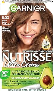 Garnier Nutrisse Creme Blonde Hair Dye Permanent, Up to 100 percent Grey Hair Coverage, 90 percent Natural origin formula, No Ammonia with 5 Oils, 6.03 Natural Golden Dark Blonde, 75 ml