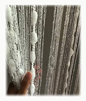Eyotool 1x2 M Door Beads String Curtain Rare Flat Silver Ribbon Thread Fringe Window Panel Room Divider Cute Strip Tassel for Wedding Coffee House Restaurant Parts (White-Beads)