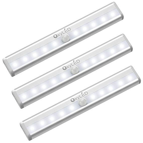 Motion Sensor Closet Lights, OxyLED Under Cabinet Lighting, Portable Wireless 10 LED Wardrobe Light with Magnetic Strip, 7.7 Inch LED Light Bar (3 Pack, Battery Operated)