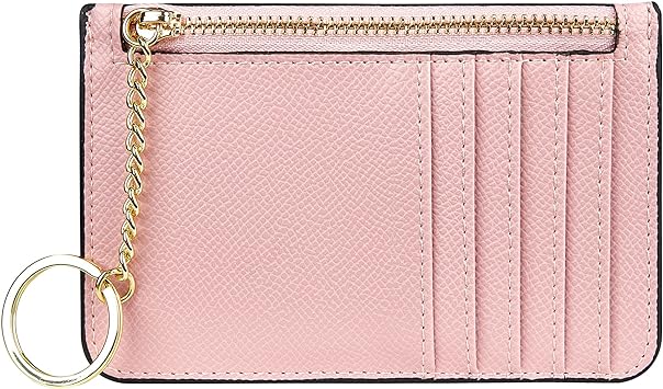 Women's Leather Slim Minimalist Card Holder Case Zipper Changes Coin Front Pocket Wallet with Keychain, Pink