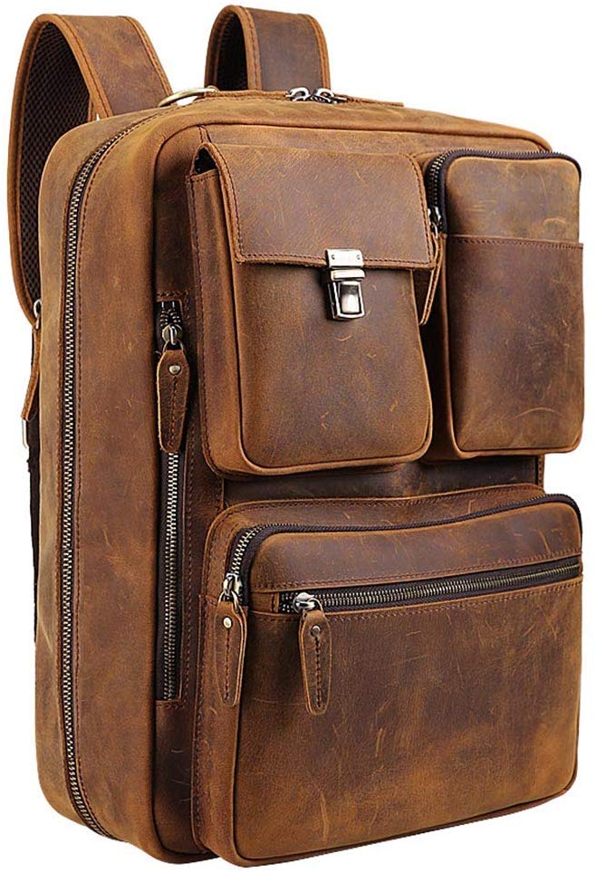 Tiding Leather 15.6 Inch Laptop Backpack Convertible Briefcases Messenger Bag Shoulder Bag Business Travel Daypack with YKK Zipper - Brown