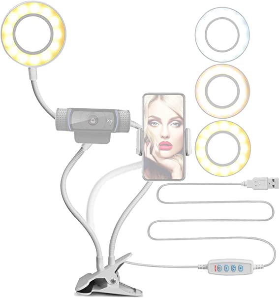 2020 NexiGo 3.5 Inch Selfie Ring Light with Webcam Holder, 360 Degrees Flexible Arms, 3-Light Modes, 10 Brightness Levels, Smartphone Holder for Makeup, YouTube, Video, Live Steaming (White)