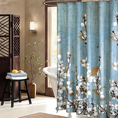 Uphome Beautiful White Cherry Blossom Bathroom Shower Curtain - Blue Waterproof Polyester Fabric Decorative Bath Curtain Designs (72"W x 72"H)