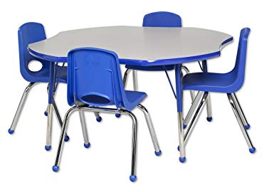 ECR4Kids 48" Clover Shape Activity Table, Gray Top/Blue Edge, Standard Legs w/Ball Glides and Four 14" Blue School Stack Chairs w/Ball Glides