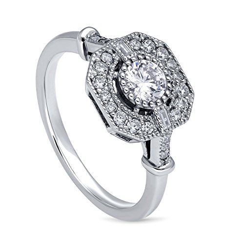 BERRICLE Rhodium Plated Sterling Silver Cubic Zirconia CZ Art Deco Ring