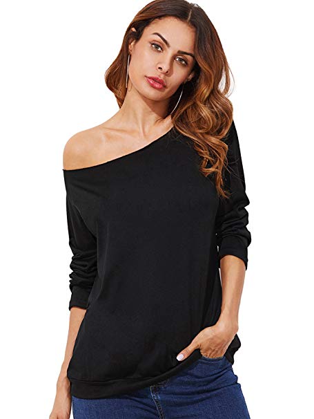 ROMWE Women's Raw Cut Off the Shoulder Long Sleeve Tee Shirt Top Blouse