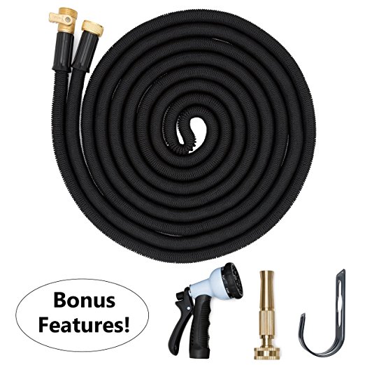 Morvat Heavy Duty Expandable Garden Hose, Super Strength Fabric 3800D, High Temperature Natural Latex Non TPE, includes 8-Setting Spray Nozzle and an Extra Heavy Duty Brass Nozzle   Hose Holder - 75FT