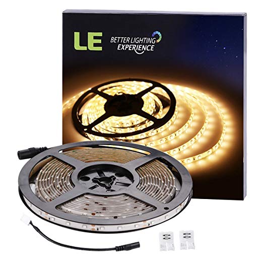 LE 12V Flexible LED Strip Lights, 3000K Warm White, Waterproof, 300 Units 3528 LEDs, 91lm/ft, Light Strips, Pack of 16.4ft