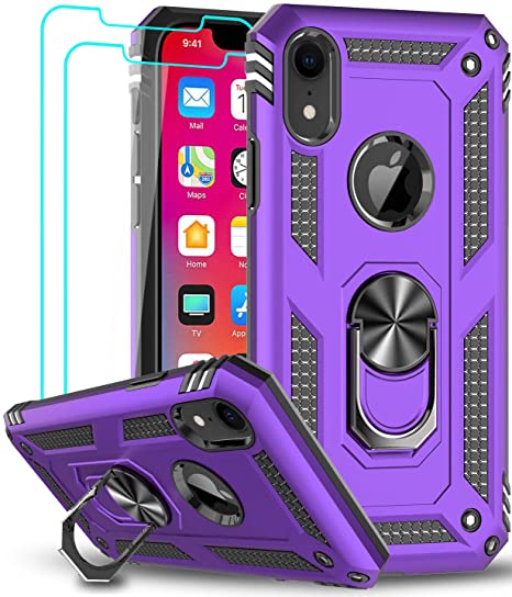 iPhone XR Case with Tempered Glass Screen Protector [2 Pack] for Women Men Teens, LeYi [Military Grade] Defender Protective Phone Case with Magnetic Ring Kickstand for Apple iPhone XR 10 10 XR, Purple