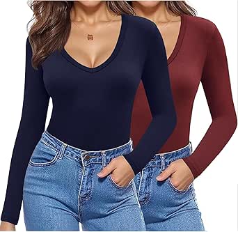 Zeagoo 2 Pack Women's Long Sleeve V Neck Slim Fit T Shirts Basic Tight Trendy Shirts 2024 Going Out Athletic Stretch Tops