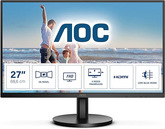 AOC 27B3HM - 27 Inch FHD Monitor, 75Hz, VA, 4ms, FreeSync, Low Blue light, Flicker Free, Frameless design (1920 x 1080 @ 75Hz, 250 cd/m, HDMI , VGA)