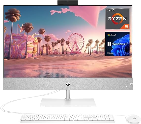 HP Pavilion All-in-One Desktop, 27” FHD Display, AMD Ryzen 5 5500U Processor, 16GB RAM, 1TB SSD, Wi-Fi 6, Webcam, HDMI, RJ-45, Wired KB & Mouse, Windows 11 Home, White