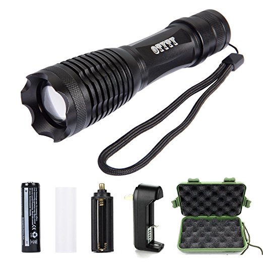 OTYTY Ultra Bright LED Tactical Flashlight, Outdoor Water Resistant Torch, Adjustable Focus, 5 Light Modes with Rechargeable 18650 Lithium Ion Battery and Charger