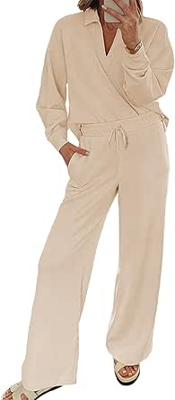 EVALESS Two Piece Sets for Women Fall 2024 Lounge Sets V Neck Sweatshirt and Wide Leg Sweatpants Matching Sets Women Clothing