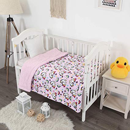 Elegant Homes Kids Soft & Warm Sherpa Baby Toddler Boy Blanket Printed Borrego Stroller or Baby Crib or Toddler Bed Blanket Plush Throw 40X50 (Unicorn Rainbow)
