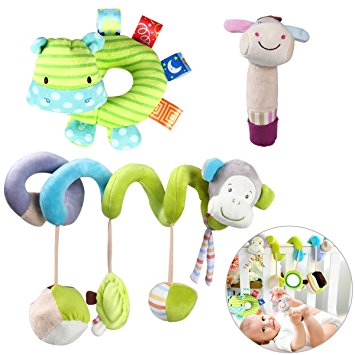 YeahiBaby 3Pcs Monkey Baby Spiral Bed Stroller Toy Donkey Soft Plush Hand Rattle Toys Educational Plush Toy Gift Set