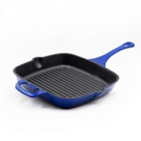 AIDEA Enameled Cast-Iron Square Grill Pan - 10-Inch Grilling Pan with Helper Handle,Cobalt Blue