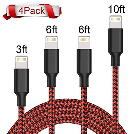 Lightning Cable,ONSON Charger Cables 4Pack 3FT 26FT 10FT to USB Syncing Data and Nylon Braided Cord Charger for iPhone X/8/8 Plus/7/7 Plus/6/6 Plus/6s/6s Plus/5/5s/5c/SE and more (Black&Red)