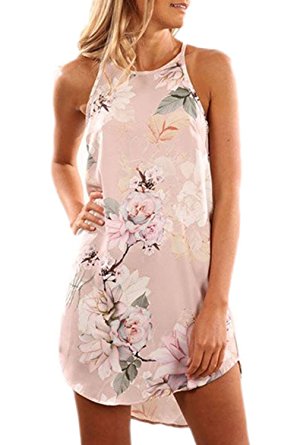 Annflat Women's Summer Halter Neck Floral Print Sleeveless Casual Mini Dress(5 Pattern,S-XL)