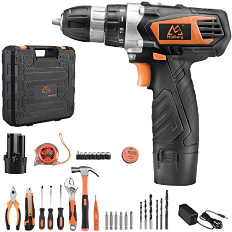Cordless Drill, 12V Cordless Drill Driver 2x1.5Ah Batteries, Fast Charger 1.3A, 36Pcs Accessories, 18 1 Torque Setting, 2-Variable Speed Max Torque 200 In-lbs, 3/8" Keyless Chuck