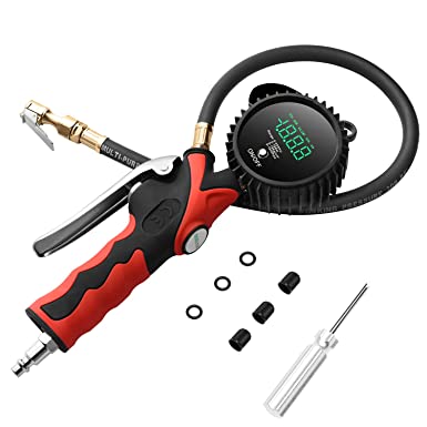 Digital Tire Inflator with Pressure Gauge, 255PSI Air Chuck LCD Display 0.1 Resolution Tire Pressure Gauge, Heavy Duty Air Compressor Accessories with Rubber Hose and Quick Connect Coupler Men Gift