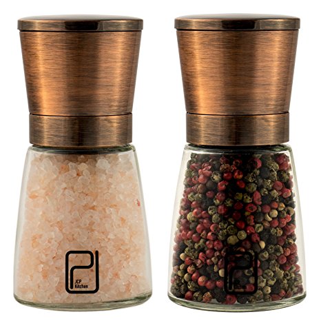 Premium Salt and Pepper Grinder Set - Best Copper Stainless Steel Mill for Home Chef, Handy Magnetic Lids, Smooth Ceramic Spice Grinders with Easy Adjustable Coarseness, Top Salt and Pepper Shakers