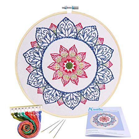 Full Range of Embroidery Starter Kit with Pattern, Kissbuty Cross Stitch Kit Including Embroidery Cloth with Floral Pattern, Bamboo Embroidery Hoop, Color Threads and Tools Kit (Blue Mandala)