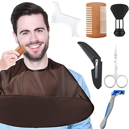 7 Pieces Beard Cutting Shaping Tools, Multi-Liner Beard Shaping Template Beard Styling Guide Tool, Bear Hair Cutting Razor Scissors Comb Black Cape and Scrapers for Shaving Grooming Mustache Beard