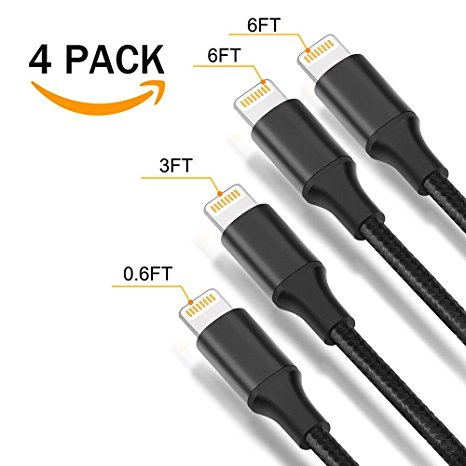 [4 Pack]Lightning Cable, (0.6FT 3FT 6FT 6FT) Nylon Braided charger cable Cord Lightning to USB Cable support iPhone 8/X 7/7 Plus/6/6s/6 Plus/6s Plus, iPad Pro/Air/mini, iPod (Black)