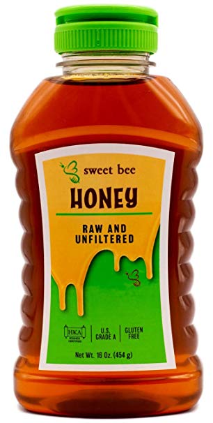 16 oz Sweet Bee 100% Pure Raw and Unfiltered Honey - Certified Grade A, Gluten Free, and Kosher - Silky Smooth Yucatán Amber and Argentinian Gold Squeeze Bottle Honey