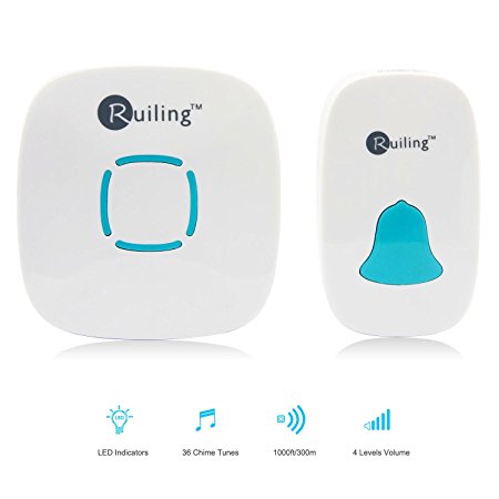 RuiLing Portable Wireless Doorbell Kit, 36 Chime Tones Operating at 1000ft/ 300m Range IP44 Waterproof 1 Push Button (Transmitter) with 1 Plug-In Door Chime (AC Receiver)- White